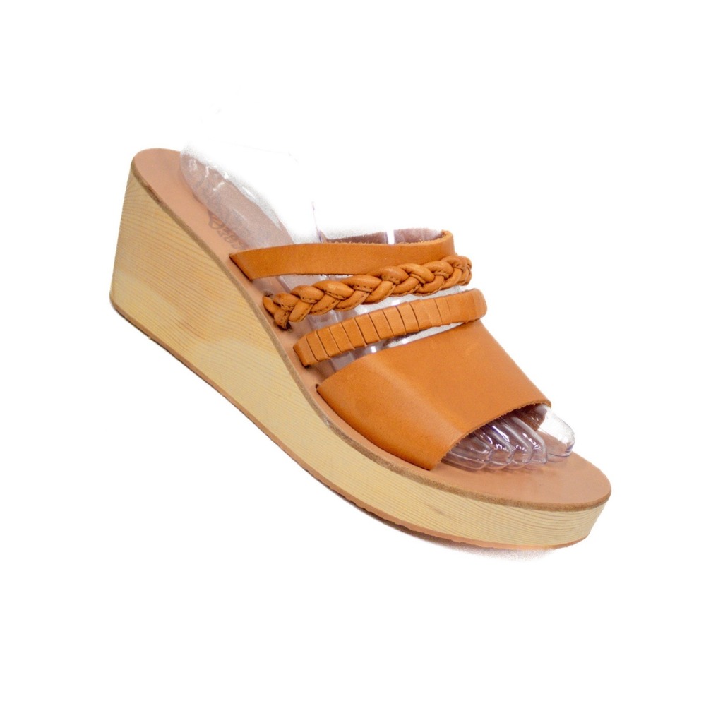 Ancient Greek Sandals Tan Leather Braided‎ Wedge Platform Slides Size 39 EU-NEw
